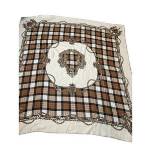 Women's large blanket scarf raw hem beige/tan/brown chain detail scrolling